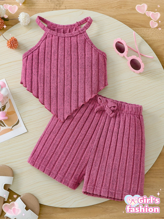 [Girls' Summer 2pcs Set] Girls' Summer 2pcs Set - Solid Color Short Top and Decorative Bow Ribbed Pants - Perfect for Outdoor Play