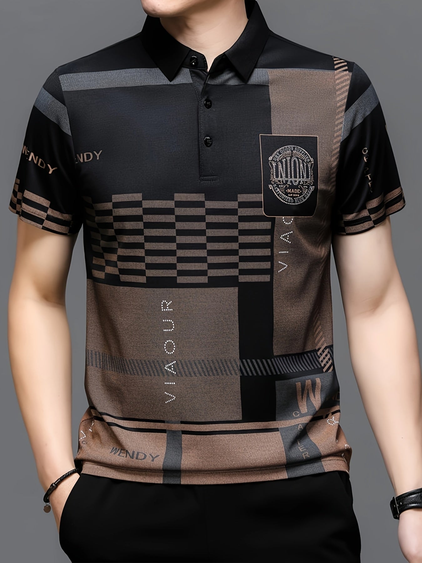 Golf Shirt Summer Plaid English Decoration Men's Short Sleeve Shirt Moisture-Wicking Breathable Slim Fit Performance