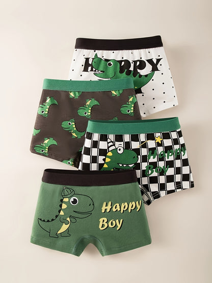 [4-Pack Boys' Boxer Briefs] 4-Pack Boys' Boxer Briefs with Cartoon Dinosaur and Car Patterns