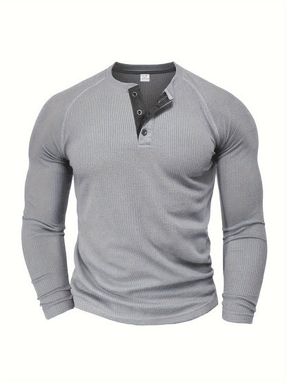 Men'S Long-Sleeve T-Shirt with a Round Neck, Pullover Henley Shirt, Solid Color, Stylish And Versatile Top, Selected by Pearson