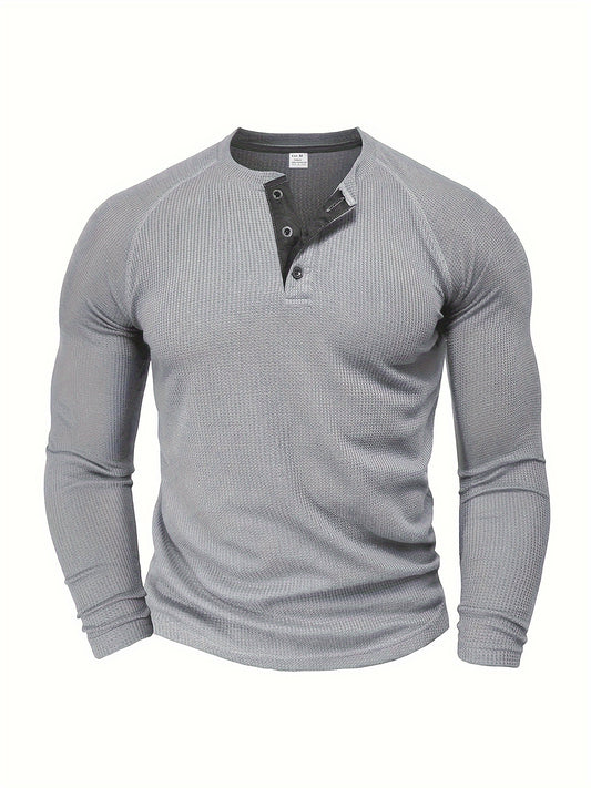 Men'S Long-Sleeve T-Shirt with a Round Neck, Pullover Henley Shirt, Solid Color, Stylish And Versatile Top, Selected by Pearson