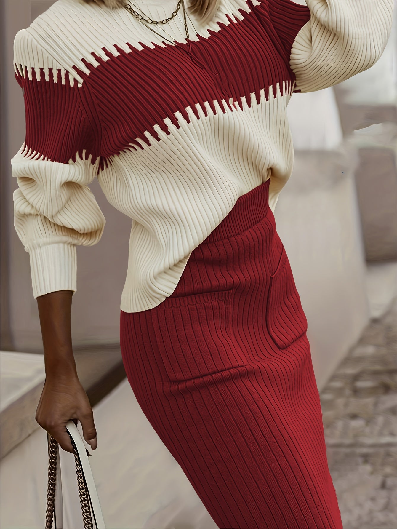 High Neck Pullover Skirt Split Two-Piece Color Block Contrast Thick Long Sleeve Sweater Set, Winter Wardrobe, Elegant Style, Color Block Design, Thick Fabric, Pullover Top, Long Sleeve Skirt, Women'S Fashion, Office Wear