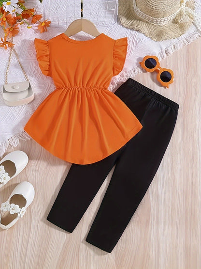 A Set of Two Items, Featuring a Ruffled Sleeve Round-Neck T-Shirt And Butterfly Patterned Pants, Perfect for a Stylish Summer Gift, for Outdoor