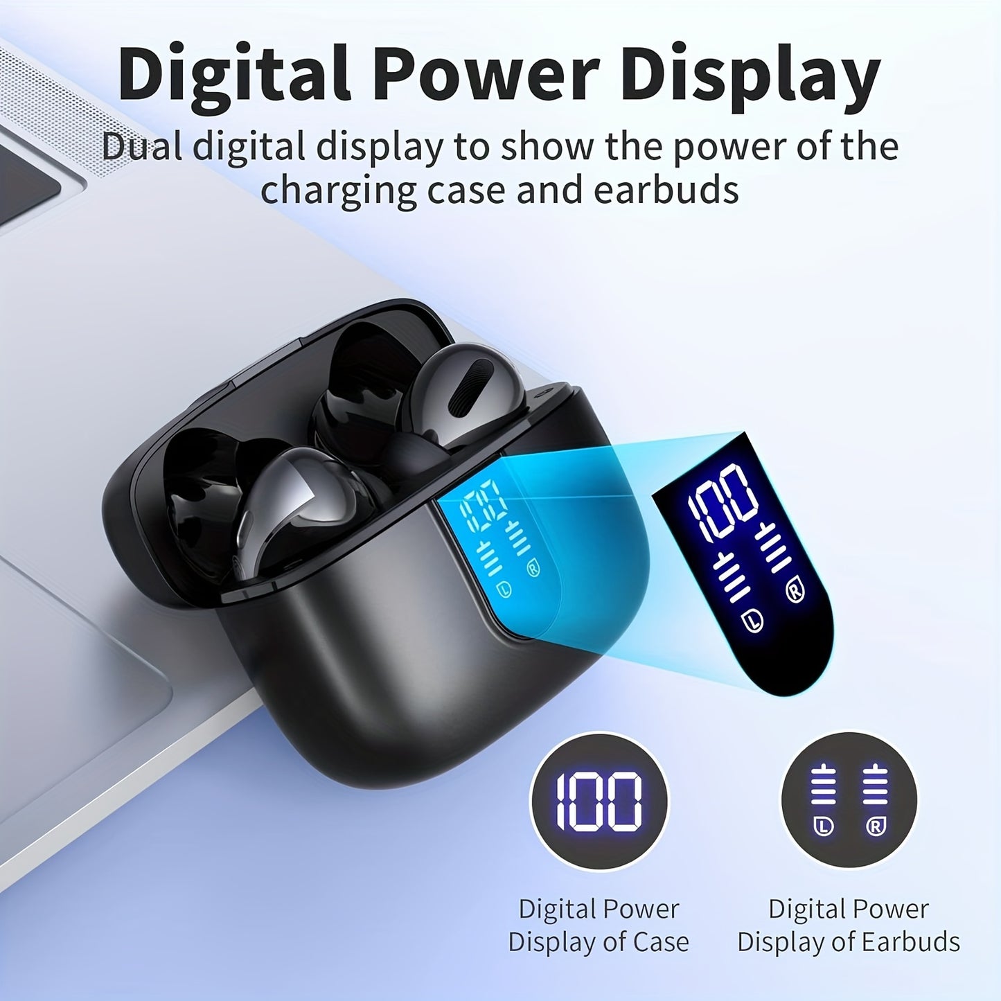 Wireless Earbuds with LED Power Display | 60H Playback, Wireless Charging Case, Noise Cancellation, Condenser Microphone, Touch Control, USB Type-C Charging, LIFEBEE