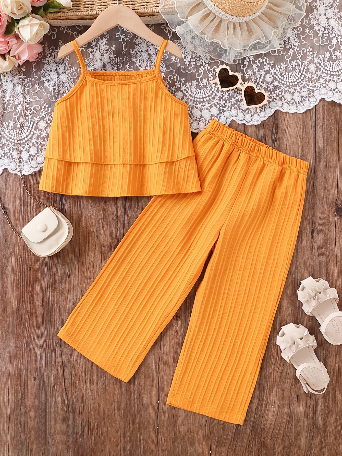 Two-Piece Outfit Featuring a Stylish Camisole and Pants, Perfect for Young Girls, Ideal for Summer Vacation Wear, for Outdoor