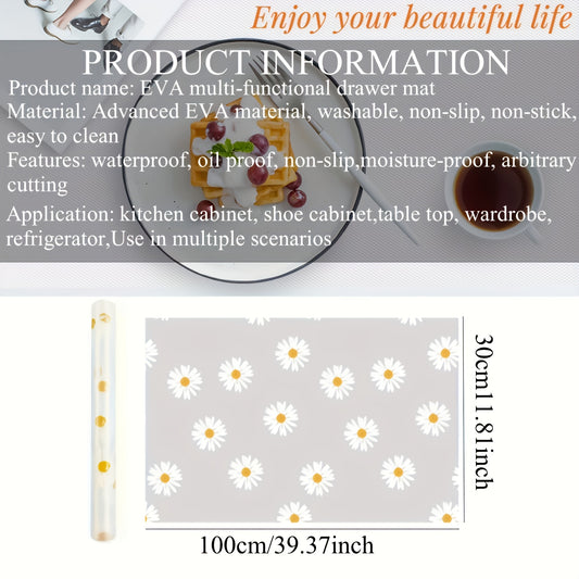 1 Roll of Daisy Design Waterproof Cabinet Liner - Easy to Clean Plastic Mat, Waterproof, Oil-Proof, And Non-Slip Durable Shelf Liner | Can Be Cut to Fit, Suitable for Kitchen, Refrigerator, Table, And Drawer Organization - Length 100 Cm / 39.37 Inches, Wi