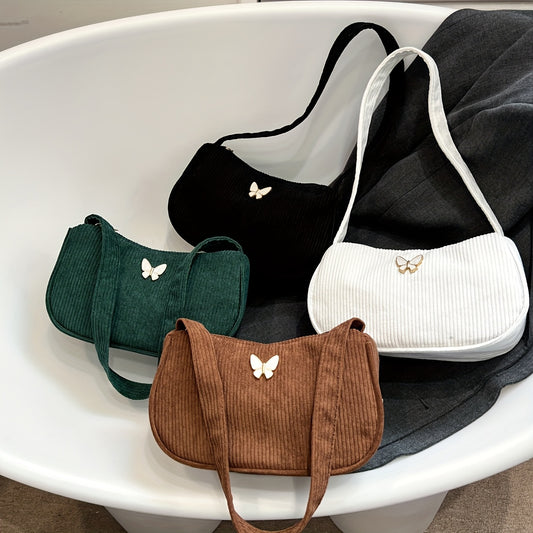 Chic Corduroy Shoulder Bag for Women with Butterfly Clasp - Stylish Commuter Handbag in Solid Color, Zip Closure, Lining, Fixed Strap Design, Everyday Bag | Butterfly Motif | Corduroy Texture, Bag