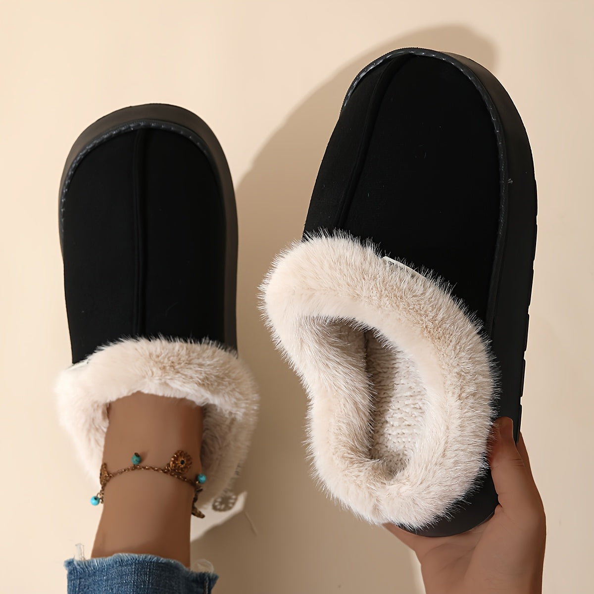 Fashionable And Elegant Short-Haired Plush Warm Thick-Soled EVA Slippers with a Color-Matched Sole., Women Shoes