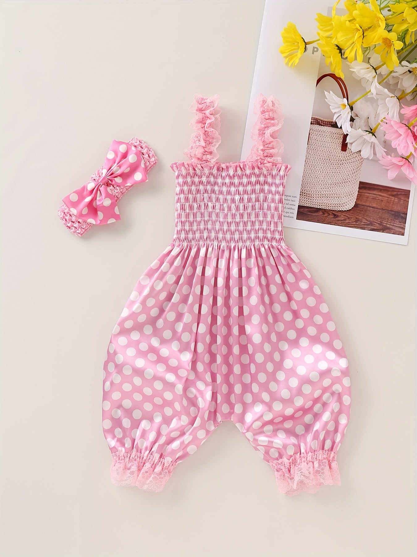 Girl's Stylish Summer Outfit Set: 2pcs Thin Bodysuit with Lace Camisole and Bell-Bottom Shorts, Cool and Comfortable, Includes Hair Accessories, Suitable for Photoshoots and Outings, Perfect for Outdoor
