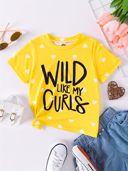 Girl's Pink Heart Print T-Shirt with English Lettering