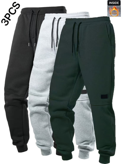 3pcs Men'S Joggers with Elastic Waistband & Drawstring - Casual Solid Color Sweatpants, Regular Fit, Knee-Length, Comfortable for Fall/Winter, Jogging Pants, Jogging P, Everyday Sweatpants, Durable Sweatpants, Winter Joggers, Classic Joggers, Joggers