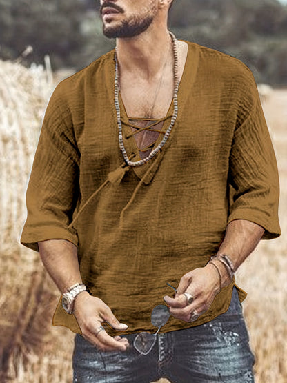 [Summer T-Shirt] Breathable Summer Men's V-Neck Short-Sleeve T-Shirt | Casual Fashion Solid Color Drawstring with Wrinkle Fabric