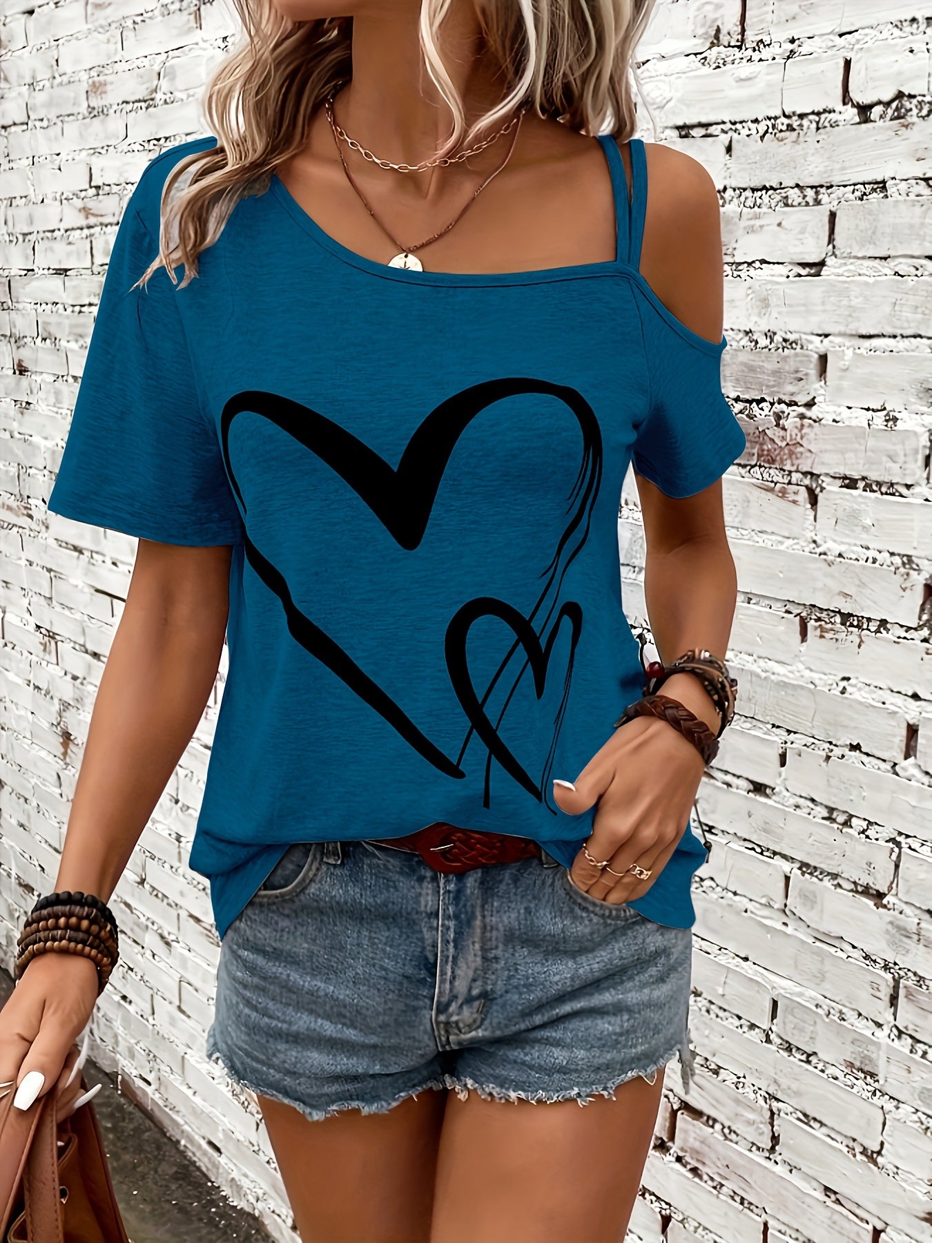 Heart Print One Shoulder T-shirt, Elegant Short Sleeve Top For Spring & Summer, Women's Clothing