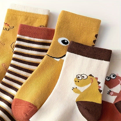 [Adorable | Dinosaur] 10 Pairs Boy's Adorable Dinosaur Pattern Crew Socks | Comfy Breathable Casual Soft Socks | For Kid's Outdoor Activities, Summer