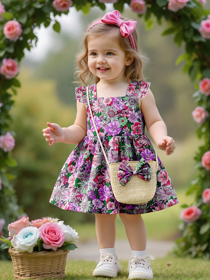 Girl's Floral Print Dress with Woven Straw Bag, Sweet and Cute Outdoor Outfit for Kids and Babies, Birthday and Holiday Gift for Children, Adorable Sweet Style Casual Outerwear for Little Girls, Breathable and Comfortable Stylish Children's Clothing
