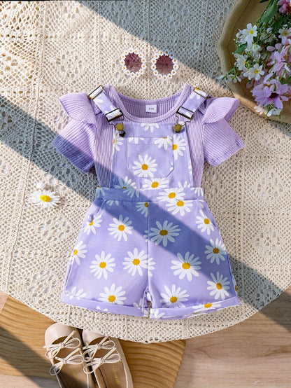 Baby Girl Two-Piece Set | Pink Floral Print Romper with Pockets and Ruffle Trim Top | Cute and Practical for Newborns, for Outdoor