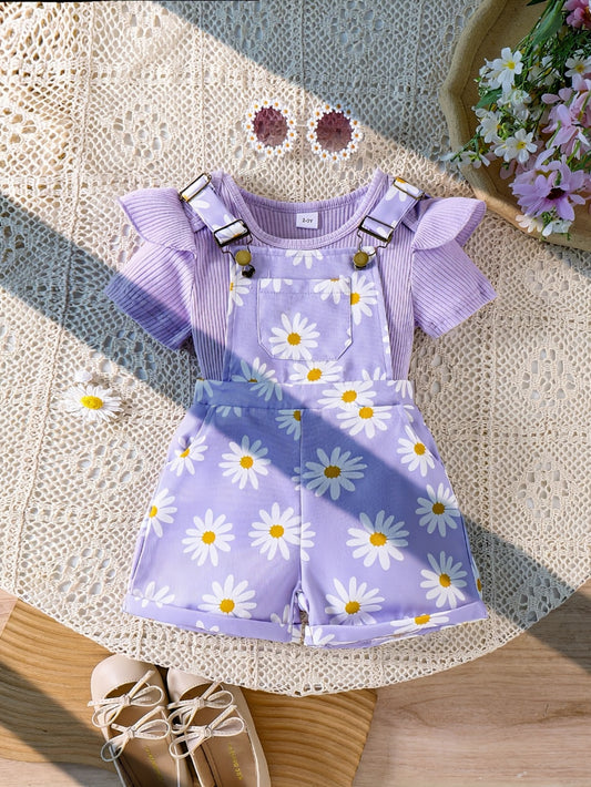 Baby Girl Two-Piece Set | Pink Floral Print Romper with Pockets and Ruffle Trim Top | Cute and Practical for Newborns, for Outdoor