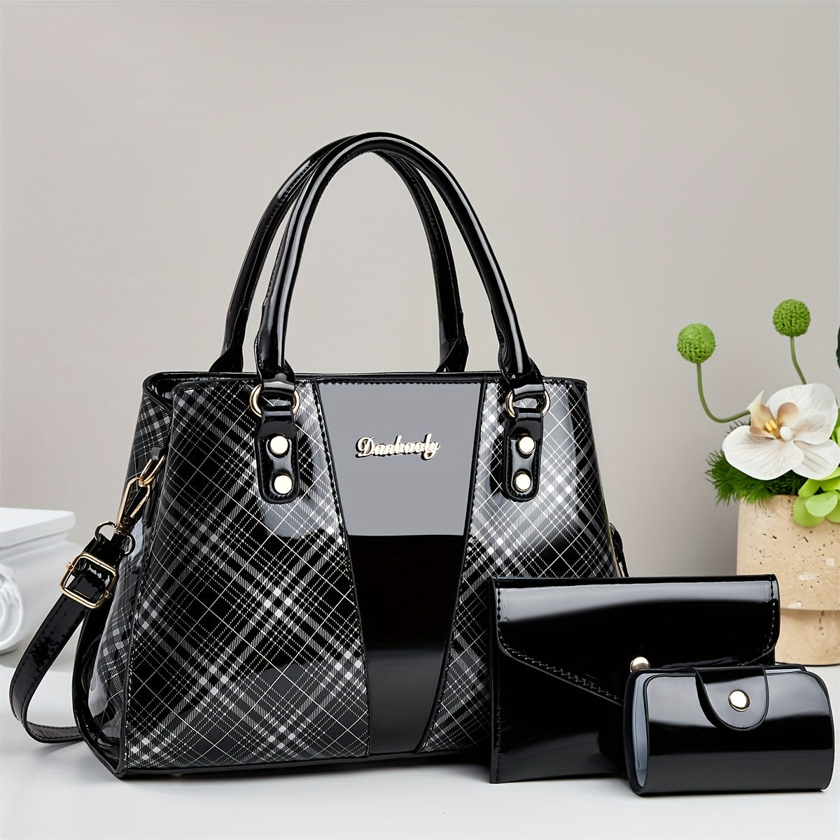 [Elegant PU Handbag] 3pcs Elegant PU Handbag Set - Large Capacity Crossbody Bag with Crocodile Pattern, Coin Purse and Card Holder - Lightweight Shoulder Bag with Sequins and Zipper Closure