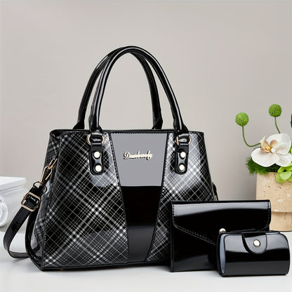 [Elegant PU Handbag] 3pcs Elegant PU Handbag Set - Large Capacity Crossbody Bag with Crocodile Pattern, Coin Purse and Card Holder - Lightweight Shoulder Bag with Sequins and Zipper Closure