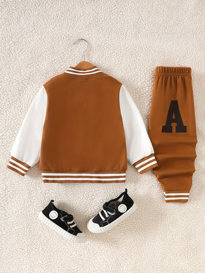 European And American Boys' Autumn And Winter Baseball Jacket with Letter A Print + Letter A Print Long Pants Two-Piece Set, for Outdoor