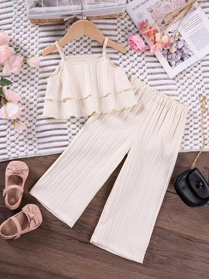 Little Girl's Summer Plain Vest 2pcs Set with Straight Trousers, Fashionable and Elegant Children's Clothing., Perfect for Outdoor