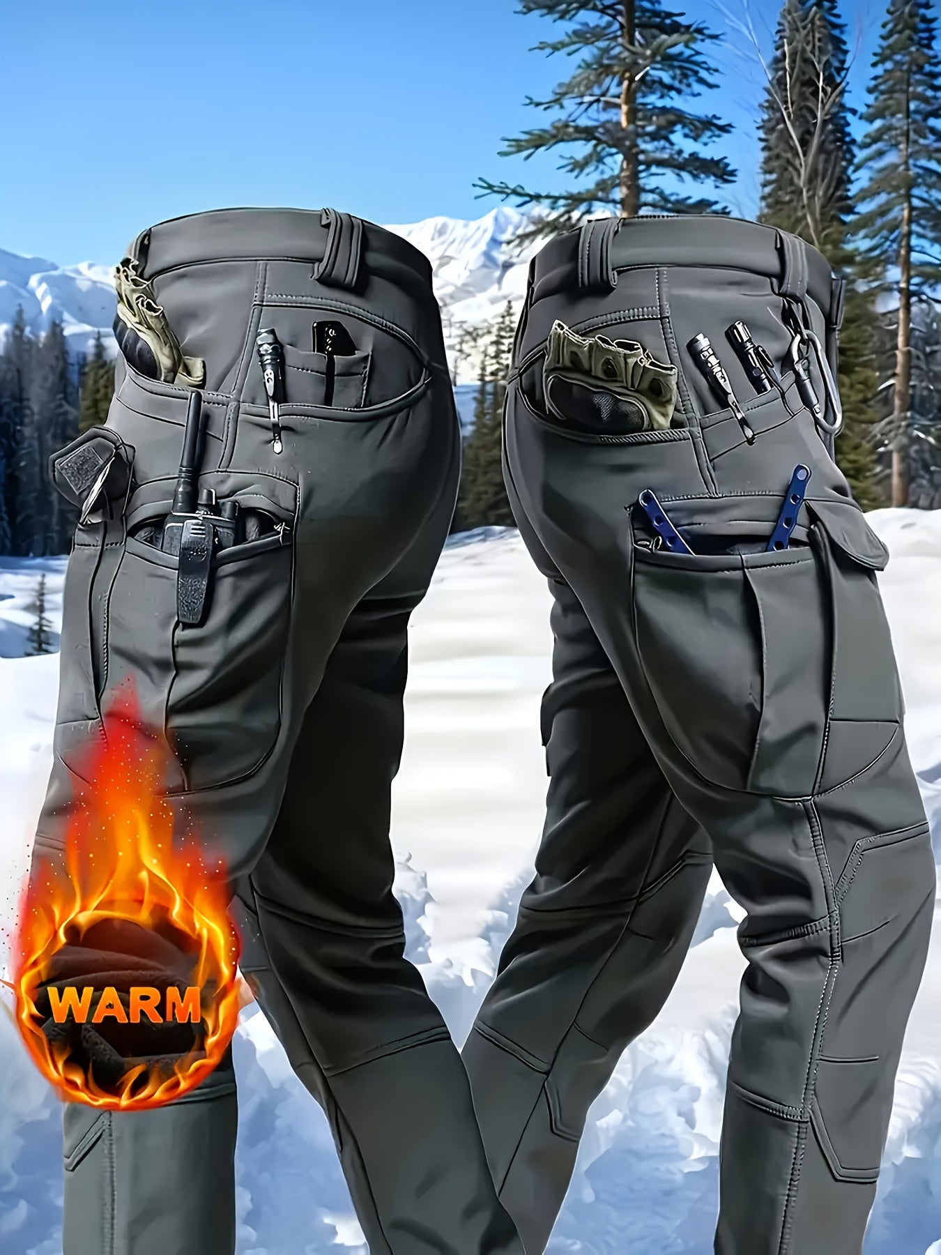 1PC Men's -Lined Thermal Tactical Cargo Pants, Heavyweight Winter Style, Multi-Pocket, High Quality, Windproof and Snowproof, -Lined Micro-Stretch Fabric, Suitable for Outdoor Hiking, Fishing, and Casual Outings, No Belt