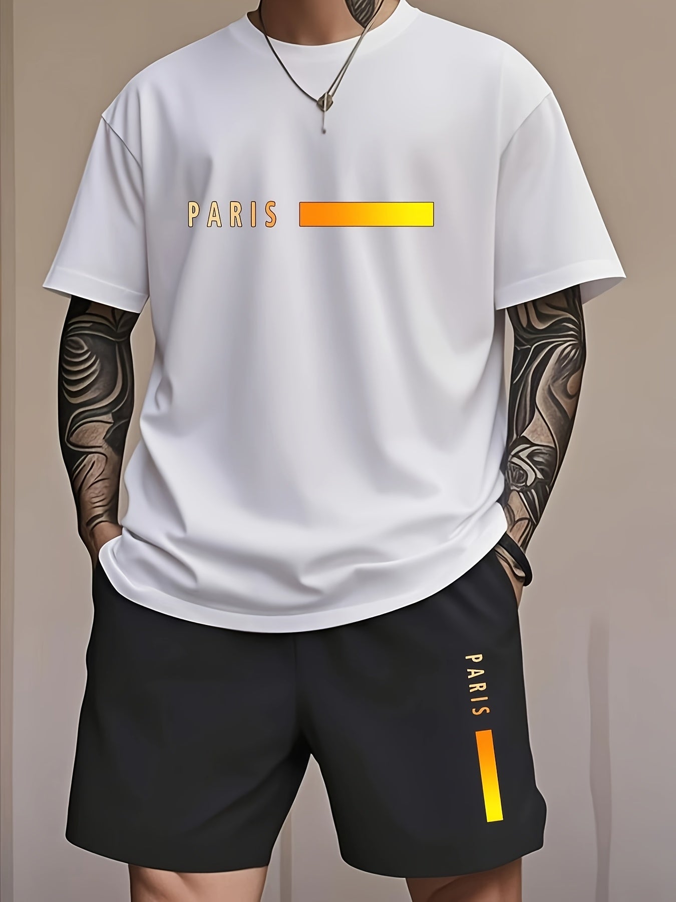 Men's fashion gradient letter print Men's two-piece set: round-neck short-sleeved T-shirt and drawstring shorts summer casual sportswear