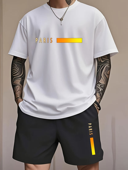 Men's fashion gradient letter print Men's two-piece set: round-neck short-sleeved T-shirt and drawstring shorts summer casual sportswear