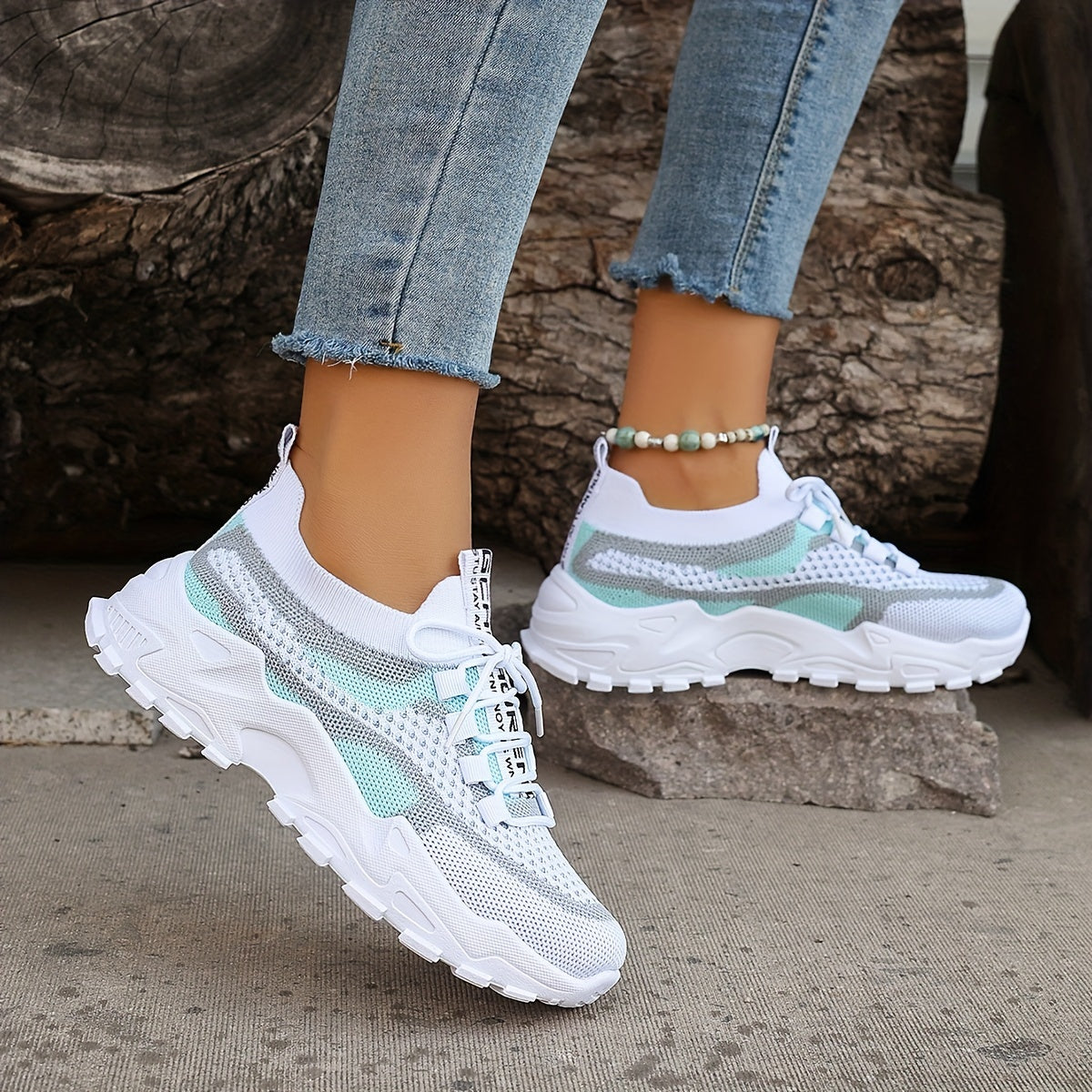 Women'S Color-Blocked Casual Sneakers, Breathable Lace-Up Running Shoes with Flying Woven Design, Stylish Mesh Platform Casual Footwear., Women Shoes