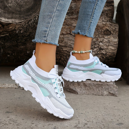 Women'S Color-Blocked Casual Sneakers, Breathable Lace-Up Running Shoes with Flying Woven Design, Stylish Mesh Platform Casual Footwear., Women Shoes
