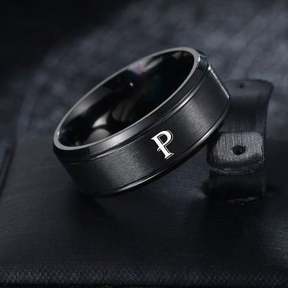 1pc European and American Fashion Versatile 26 English Letters Double Beveled Frosted Two-Line Men's Stainless Steel Ring (B81)