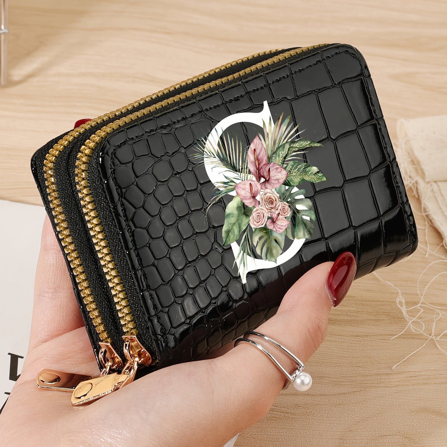 Simple, Stylish, Elegant Letter Printed Women's Credit Card Wallet, Large Capacity Multi Card Holder, Double Zipper Card Holder
