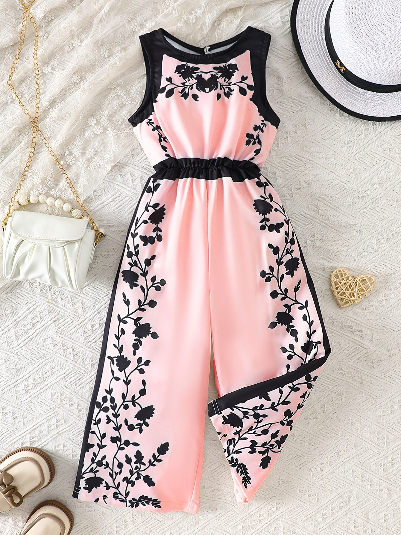 Girls' Summer Casual Fashion Sleeveless Elastic Waist Jumpsuit with Floral Digital Print, Back Button Closure, Wide-Leg Pants for Leisure and Vacation, Gift, Perfect for Outdoor