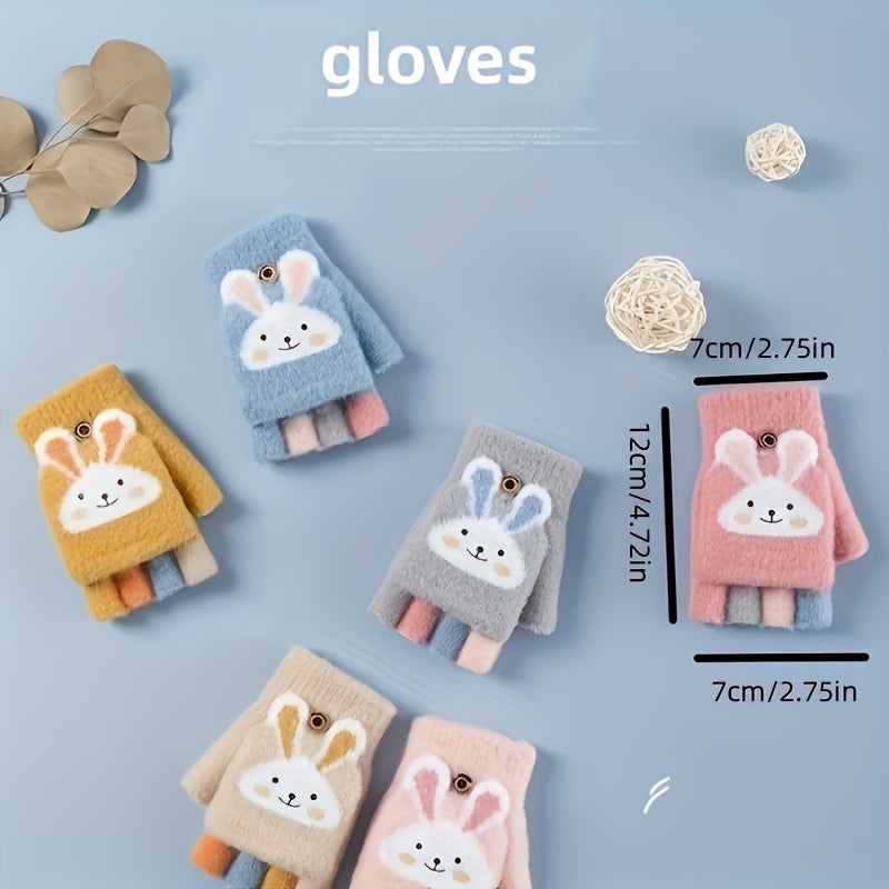 A Pair of Gloves, Thick Half-Finger Knitted Cartoon Warm Flip Gloves for Girls in Winter