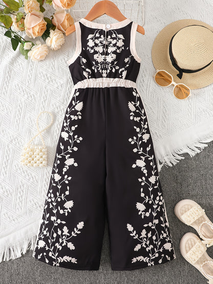 Girls' Summer Casual Fashion Sleeveless Elastic Waist Jumpsuit with Floral Digital Print, Back Button Closure, Wide-Leg Pants for Leisure and Vacation, Gift, Perfect for Outdoor
