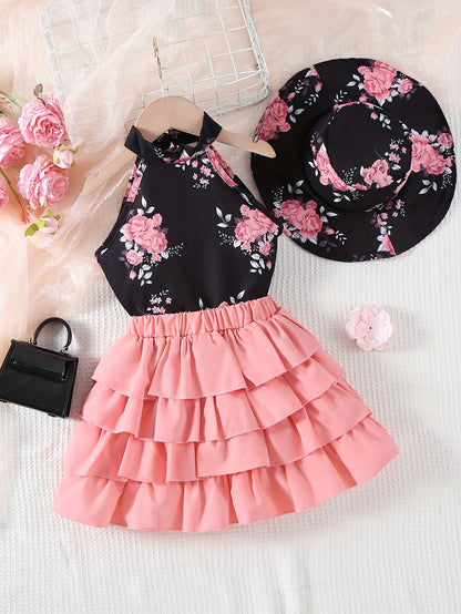 Toddler Girls Floral Galter Top & Layer Hem Skirt & Hat