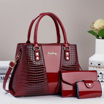 [Elegant PU Handbag] 3pcs Elegant PU Handbag Set - Large Capacity Crossbody Bag with Crocodile Pattern, Coin Purse and Card Holder - Lightweight Shoulder Bag with Sequins and Zipper Closure