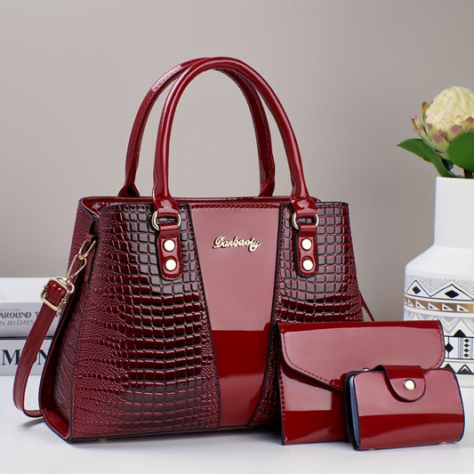 [Elegant PU Handbag] 3pcs Elegant PU Handbag Set - Large Capacity Crossbody Bag with Crocodile Pattern, Coin Purse and Card Holder - Lightweight Shoulder Bag with Sequins and Zipper Closure