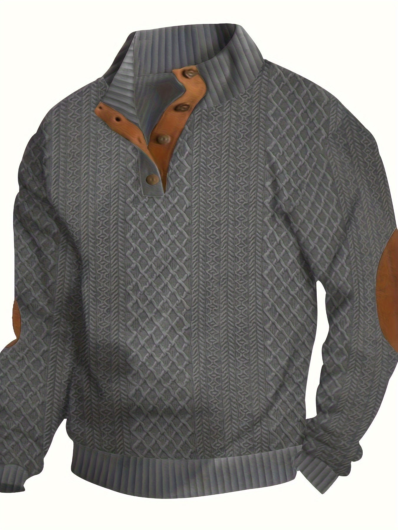 [Casual | Sports] Gray Men's Casual Sports Sweatshirt | Diamond Pattern Knitted Jacquard, Stand Collar, Long Sleeve, Stretch Fabric, Button Detail with Orange Accents