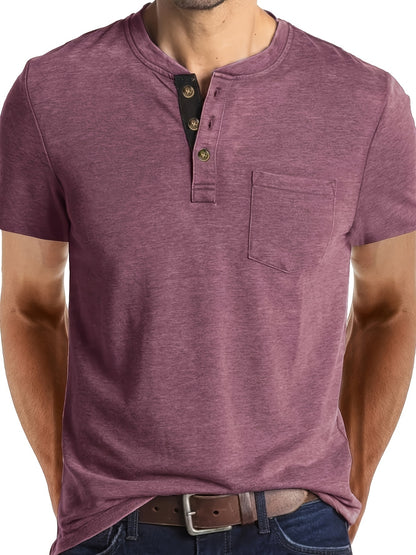Men's Summer Casual Short Sleeve T-Shirt - Breathable Blend Round Neck Henley-Style Button Front, Semi-Sheer Fabric, Machine Washable Regular Fit for Outdoor & Casual Attire, Relaxed Style, Buttonfront Design, Easy Care, Buttonup Shirt, Warm Weather