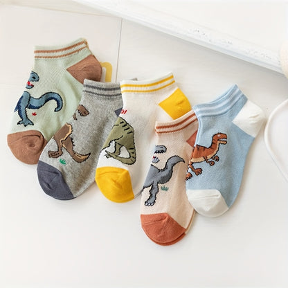 5 Pairs of Thin Breathable Socks with Cartoon Dinosaur Designs for Boys And Girls.