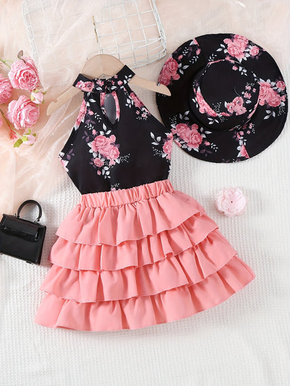 Toddler Girls Floral Galter Top & Layer Hem Skirt & Hat