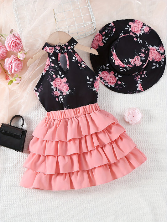 Toddler Girls Floral Galter Top & Layer Hem Skirt & Hat