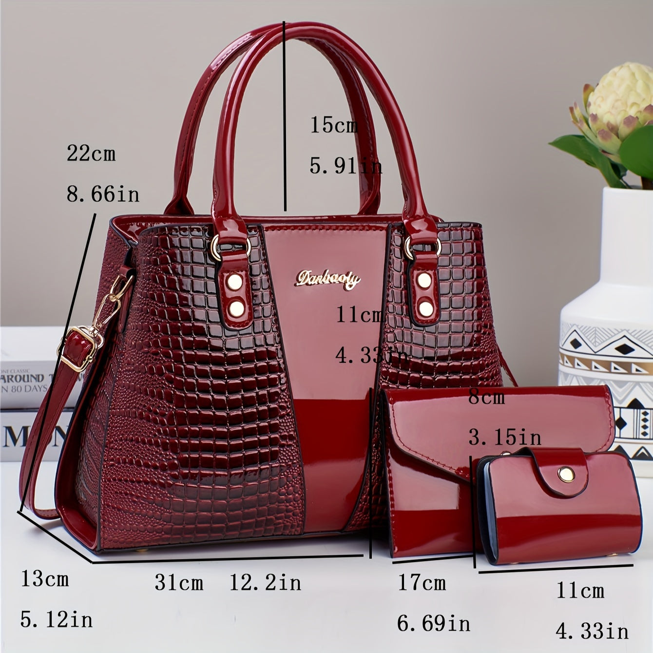 [Elegant PU Handbag] 3pcs Elegant PU Handbag Set - Large Capacity Crossbody Bag with Crocodile Pattern, Coin Purse and Card Holder - Lightweight Shoulder Bag with Sequins and Zipper Closure
