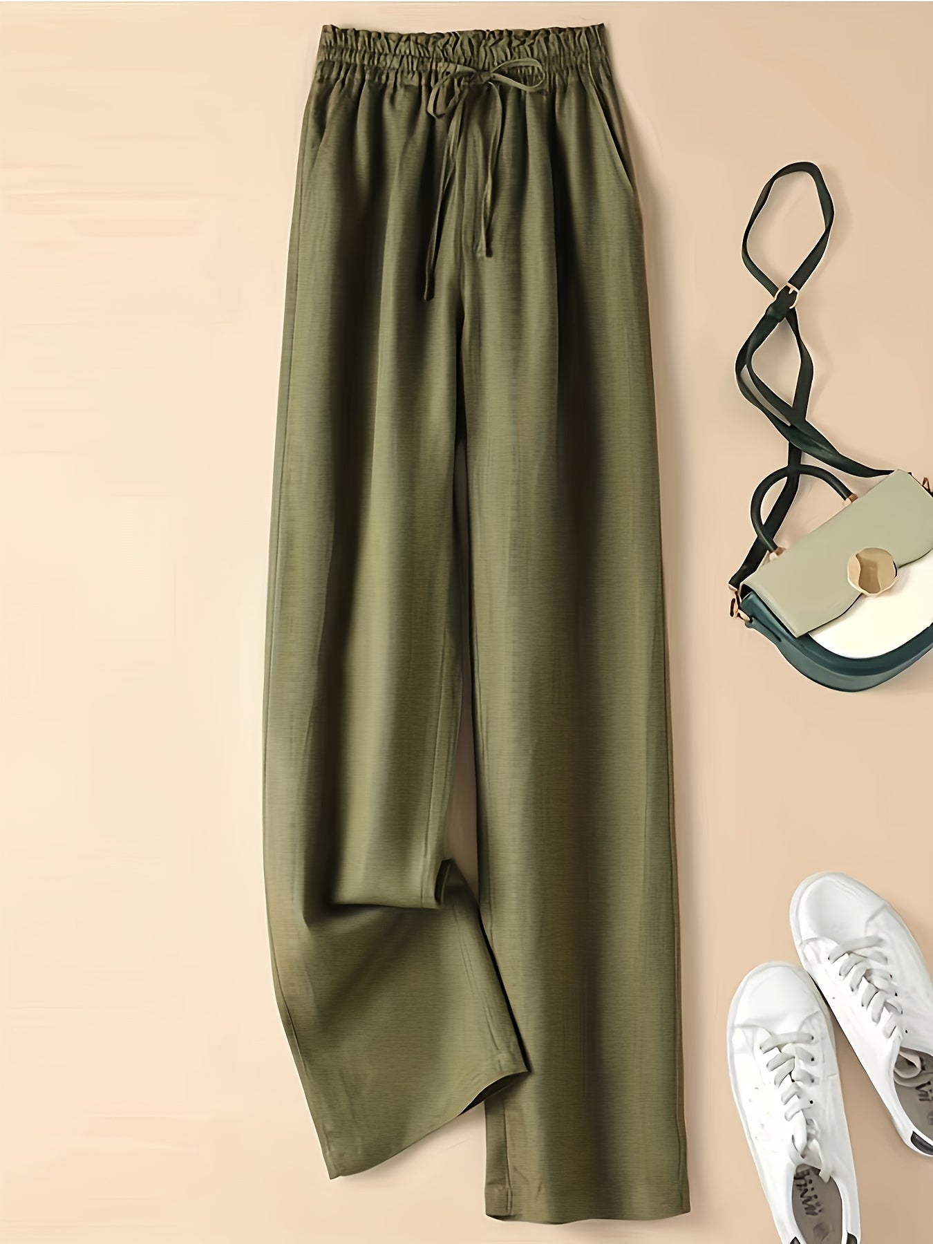 Vintage Loose-Fit Thin-Linen Wide-Leg Pants for Women, High-Waisted with Elastic Waistband and Drawstring, Artistic Casual Straight-Leg Trousers