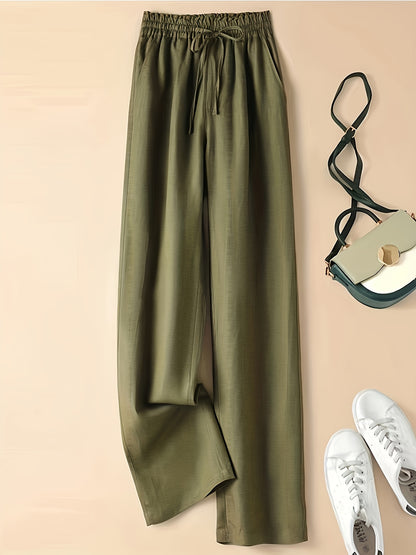 Vintage Loose-Fit Thin-Linen Wide-Leg Pants for Women, High-Waisted with Elastic Waistband and Drawstring, Artistic Casual Straight-Leg Trousers