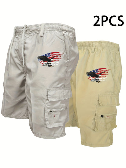 Men'S 2pcs Print Cargo Shorts Set with Zipper Pockets - Two-Piece American Flag & Eagle Design, Casual Sporty Style, Non-Stretch Fabric, Perfect for Independence Day Outfits