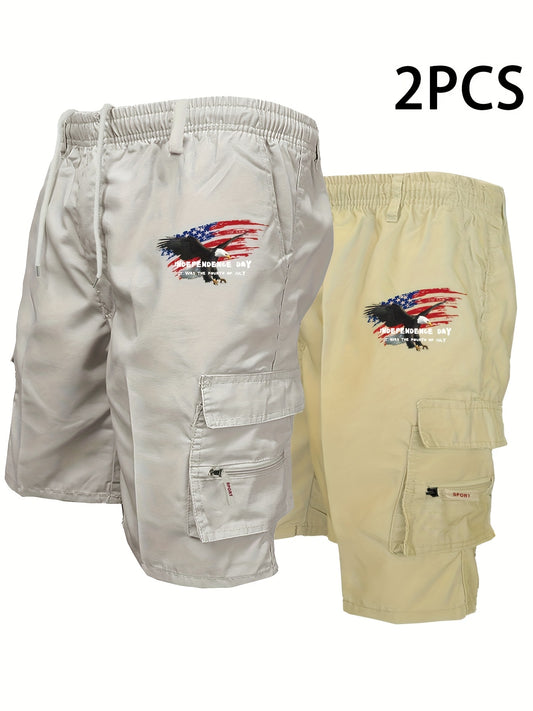 Men'S 2pcs Print Cargo Shorts Set with Zipper Pockets - Two-Piece American Flag & Eagle Design, Casual Sporty Style, Non-Stretch Fabric, Perfect for Independence Day Outfits