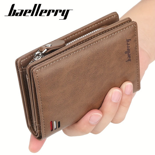[Multi-card Retro Short Wallet] Baellerry Men's Business Retro Short Wallet Multi-card Slot PU Leather Buckle Zipper Bank Card Holder