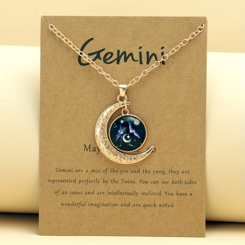 1pc Retro Glow-In-The-Dark Zodiac Moon Pendant Necklace - Vintage Style, Zinc Alloy with Accents, Adjustable Chain for Women - Ideal for Daily Wear & Gifting, Zodiac Jewelry, Gift Jewelry, Vintage Jewelry, Durable Jewelry